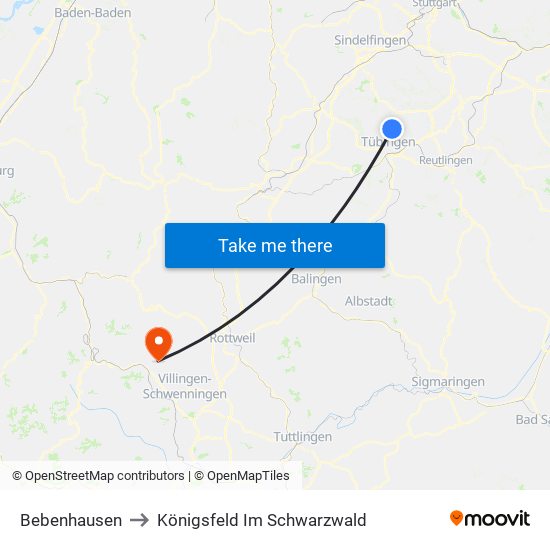 Bebenhausen to Königsfeld Im Schwarzwald map