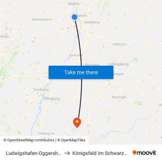 Ludwigshafen-Oggersheim to Königsfeld Im Schwarzwald map