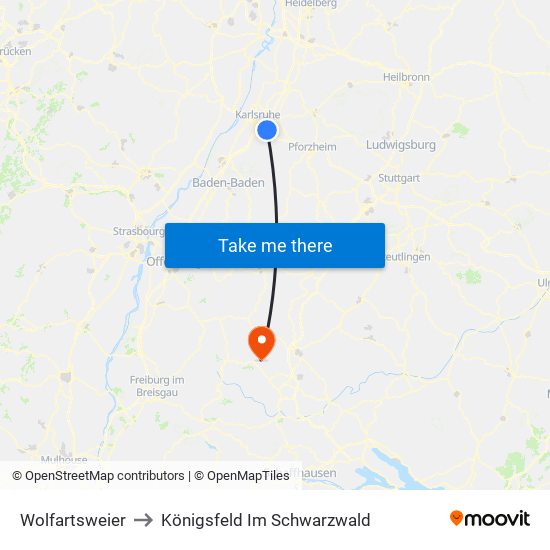 Wolfartsweier to Königsfeld Im Schwarzwald map
