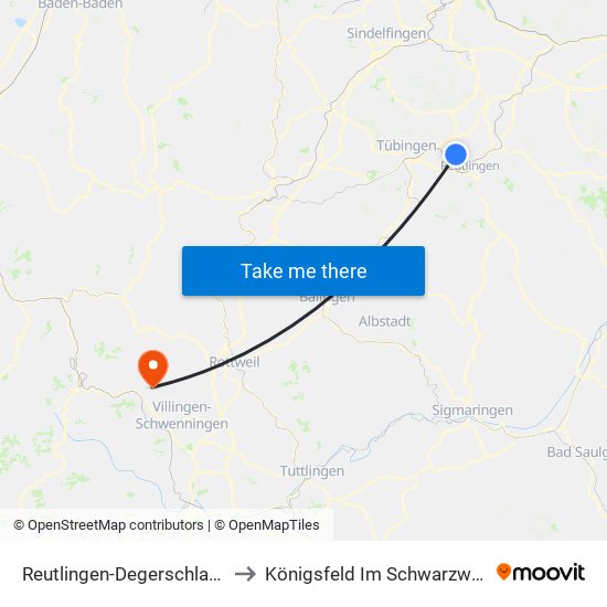 Reutlingen-Degerschlacht to Königsfeld Im Schwarzwald map