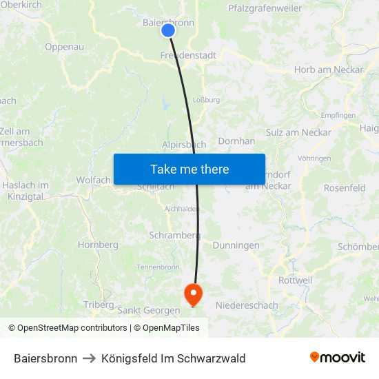 Baiersbronn to Königsfeld Im Schwarzwald map