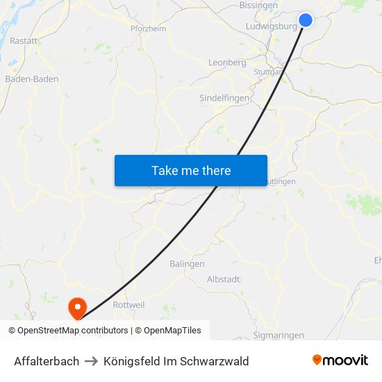 Affalterbach to Königsfeld Im Schwarzwald map