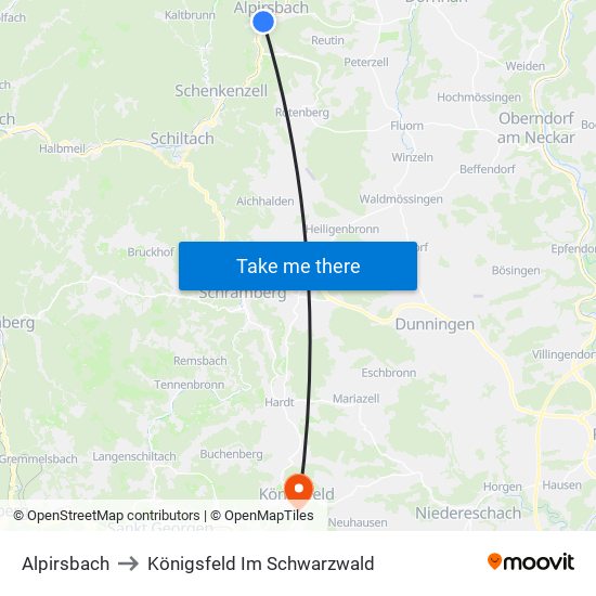 Alpirsbach to Königsfeld Im Schwarzwald map