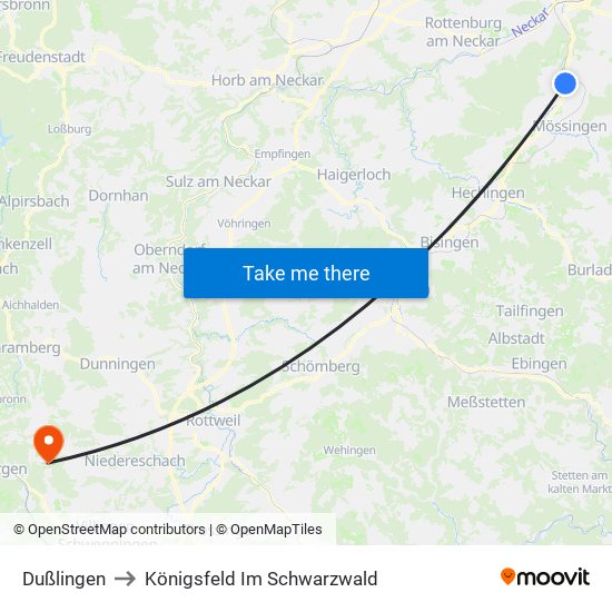 Dußlingen to Königsfeld Im Schwarzwald map