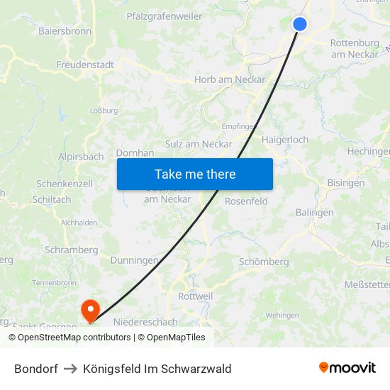 Bondorf to Königsfeld Im Schwarzwald map