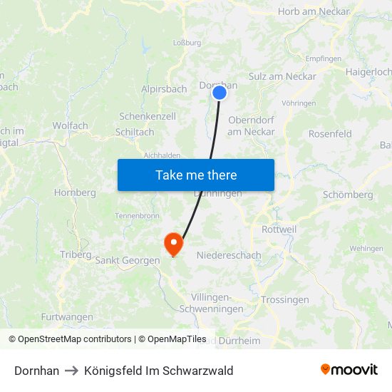 Dornhan to Königsfeld Im Schwarzwald map