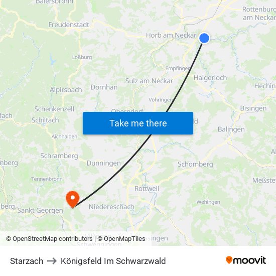 Starzach to Königsfeld Im Schwarzwald map