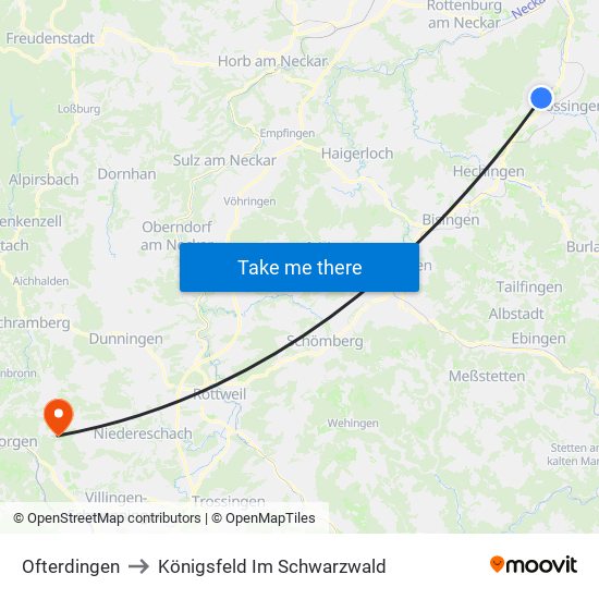 Ofterdingen to Königsfeld Im Schwarzwald map