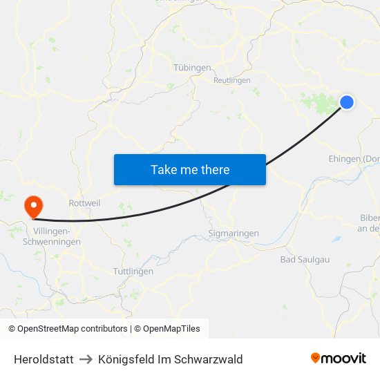 Heroldstatt to Königsfeld Im Schwarzwald map