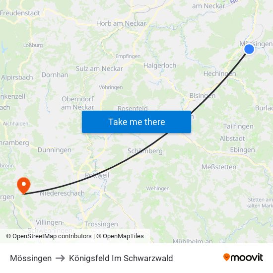 Mössingen to Königsfeld Im Schwarzwald map