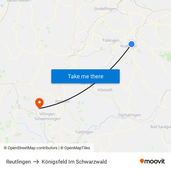 Reutlingen to Königsfeld Im Schwarzwald map