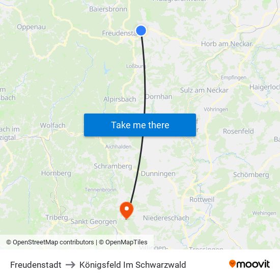 Freudenstadt to Königsfeld Im Schwarzwald map