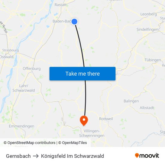 Gernsbach to Königsfeld Im Schwarzwald map