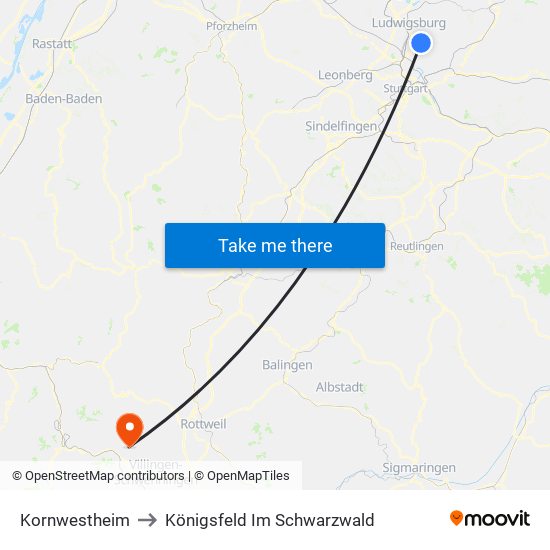 Kornwestheim to Königsfeld Im Schwarzwald map