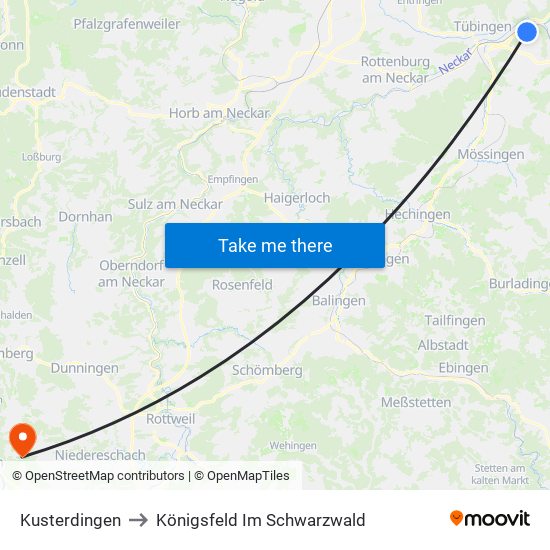 Kusterdingen to Königsfeld Im Schwarzwald map