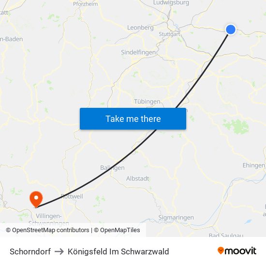 Schorndorf to Königsfeld Im Schwarzwald map