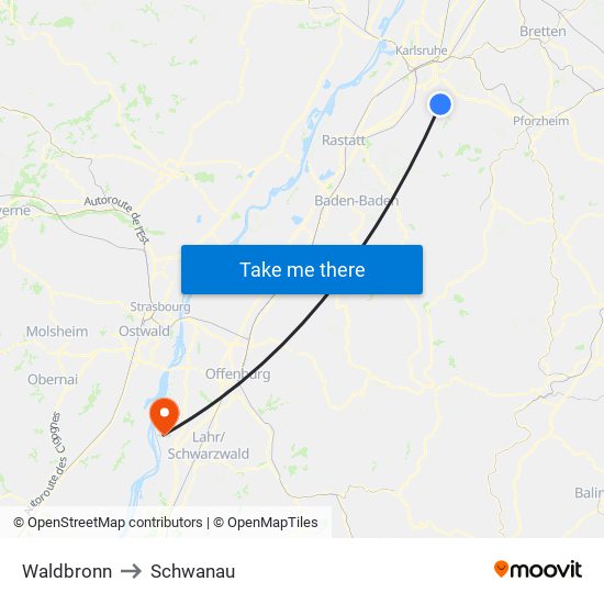 Waldbronn to Schwanau map