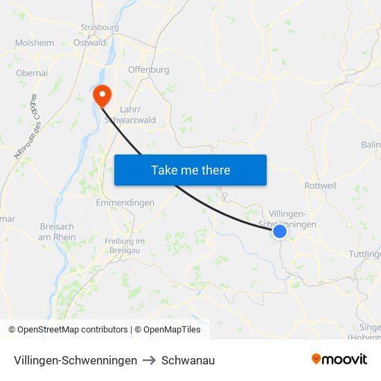 Villingen-Schwenningen to Schwanau map