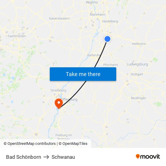 Bad Schönborn to Schwanau map