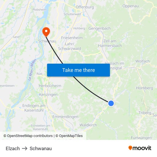 Elzach to Schwanau map