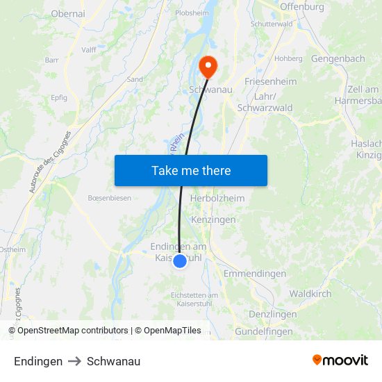 Endingen to Schwanau map