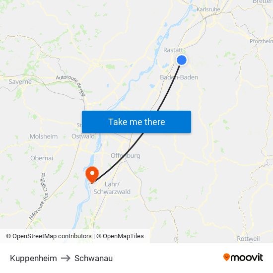 Kuppenheim to Schwanau map