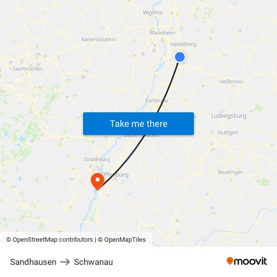 Sandhausen to Schwanau map