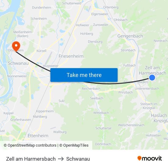 Zell am Harmersbach to Schwanau map