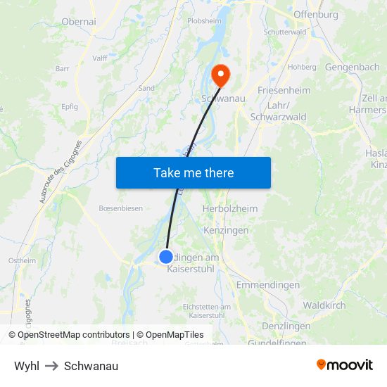 Wyhl to Schwanau map