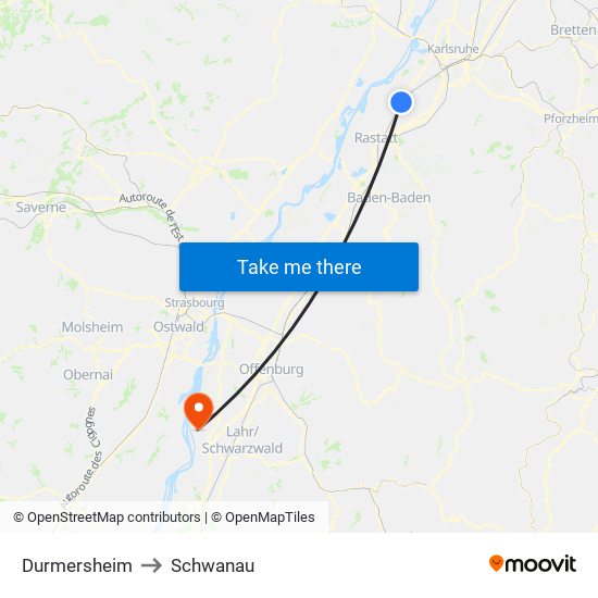 Durmersheim to Schwanau map