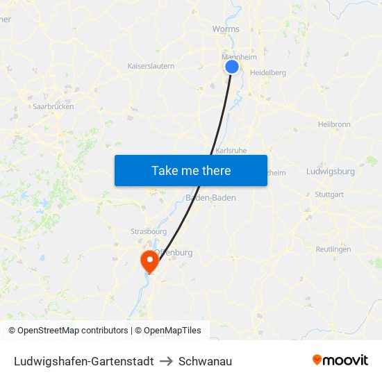 Ludwigshafen-Gartenstadt to Schwanau map