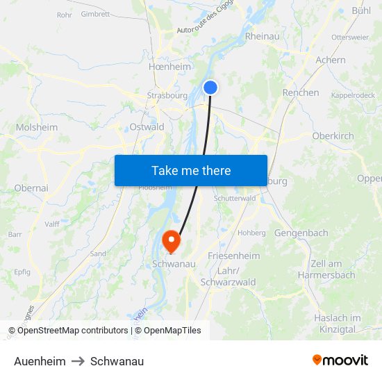 Auenheim to Schwanau map