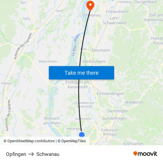 Opfingen to Schwanau map