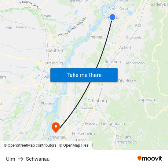 Ulm to Schwanau map