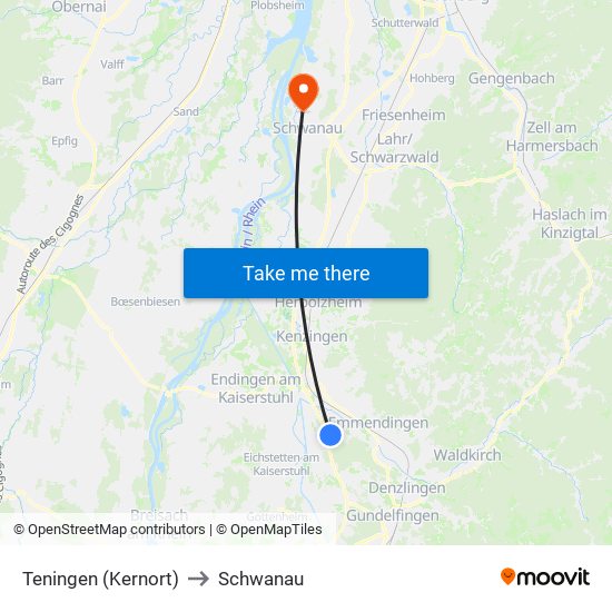 Teningen (Kernort) to Schwanau map