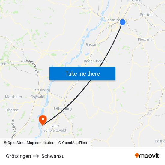 Grötzingen to Schwanau map