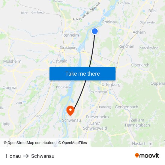 Honau to Schwanau map