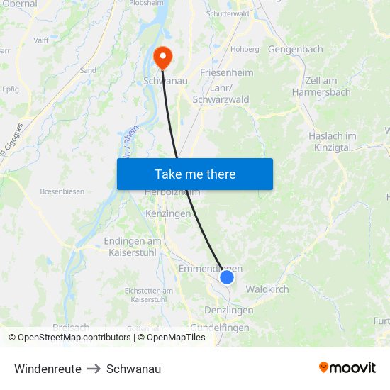 Windenreute to Schwanau map