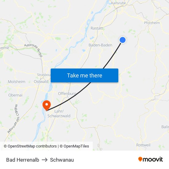 Bad Herrenalb to Schwanau map