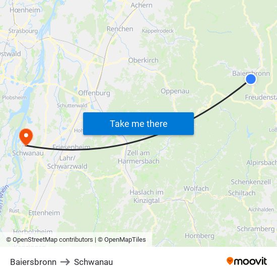 Baiersbronn to Schwanau map