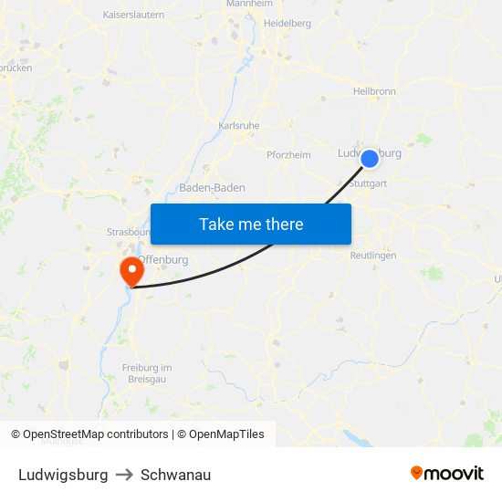 Ludwigsburg to Schwanau map