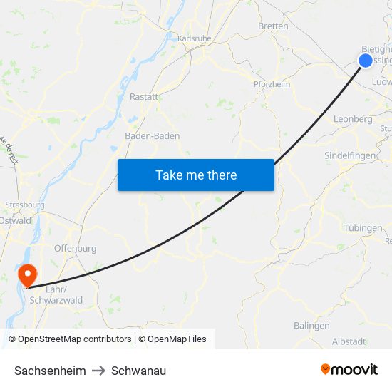 Sachsenheim to Schwanau map