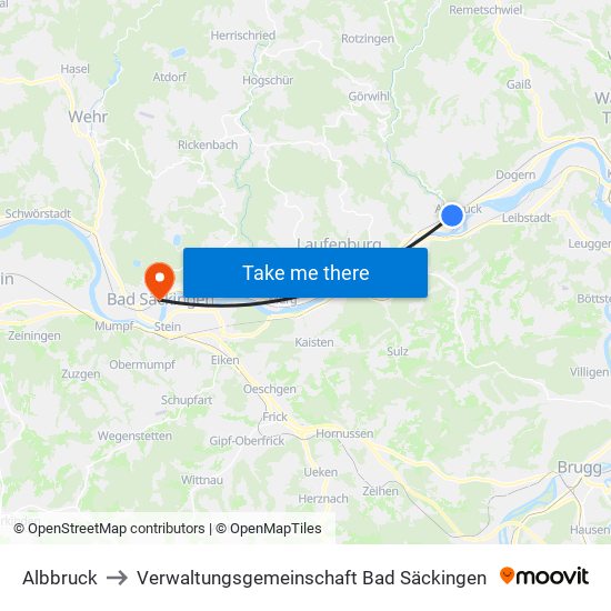 Albbruck to Verwaltungsgemeinschaft Bad Säckingen map
