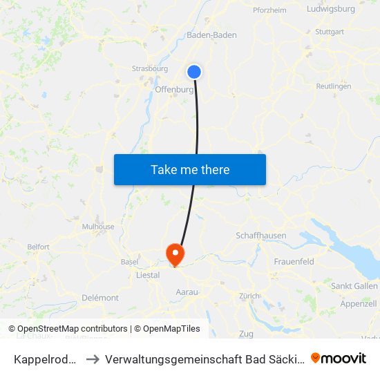 Kappelrodeck to Verwaltungsgemeinschaft Bad Säckingen map