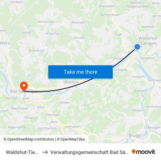 Waldshut-Tiengen to Verwaltungsgemeinschaft Bad Säckingen map