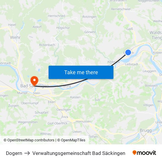 Dogern to Verwaltungsgemeinschaft Bad Säckingen map