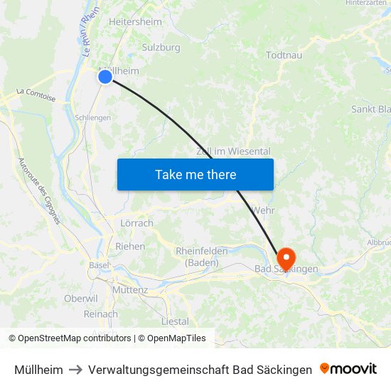 Müllheim to Verwaltungsgemeinschaft Bad Säckingen map