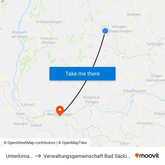 Unterkirnach to Verwaltungsgemeinschaft Bad Säckingen map