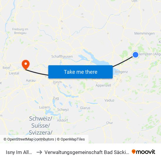 Isny Im Allgäu to Verwaltungsgemeinschaft Bad Säckingen map
