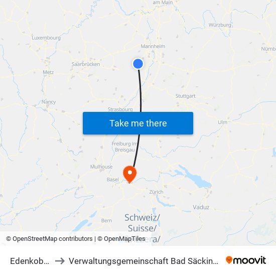 Edenkoben to Verwaltungsgemeinschaft Bad Säckingen map